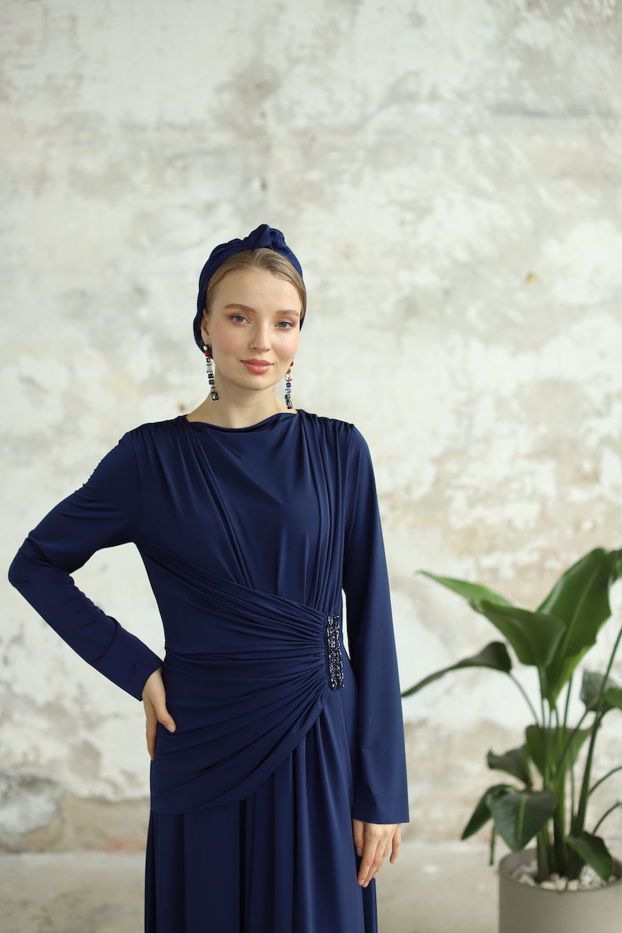 Zarif Detaylı Elbise Lacivert