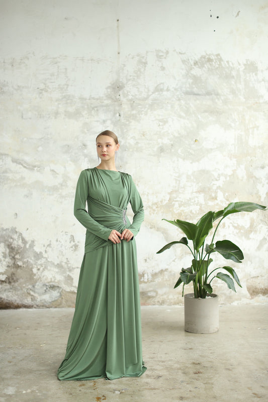 Zarif Detaylı Elbise Haki