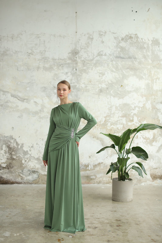 Zarif Detaylı Elbise Haki