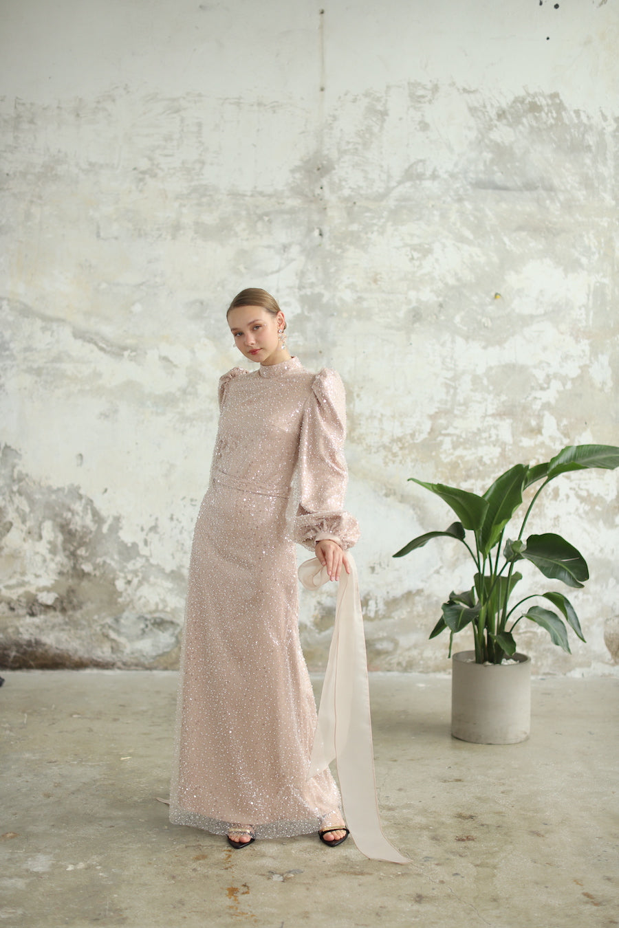 Bocuklu Manşet Kurdelalı Pudra Kalem Elbise