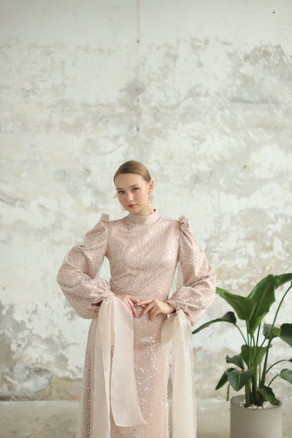 Bocuklu Manşet Kurdelalı Pudra Kalem Elbise