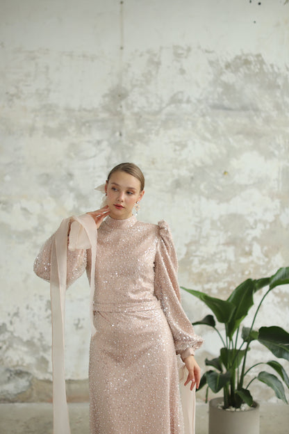 Bocuklu Manşet Kurdelalı Pudra Kalem Elbise