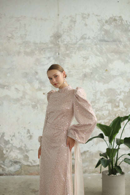 Bocuklu Manşet Kurdelalı Pudra Kalem Elbise