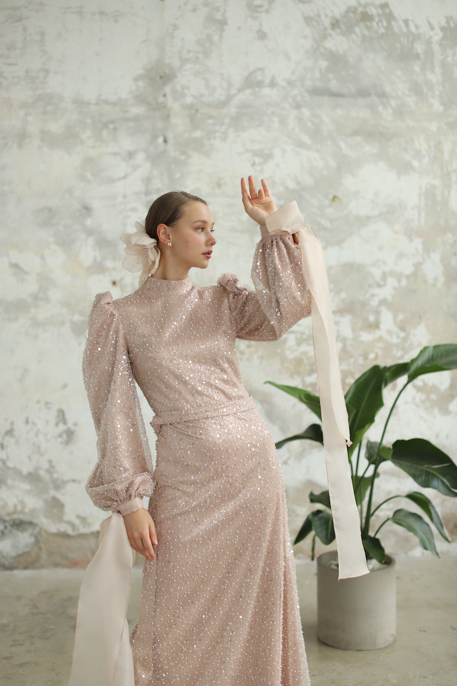 Bocuklu Manşet Kurdelalı Pudra Kalem Elbise