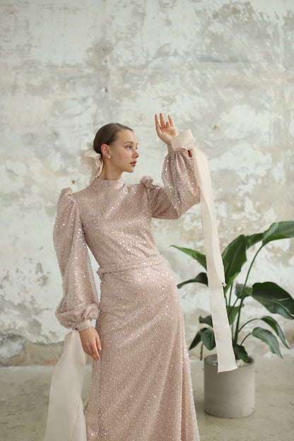 Bocuklu Manşet Kurdelalı Pudra Kalem Elbise