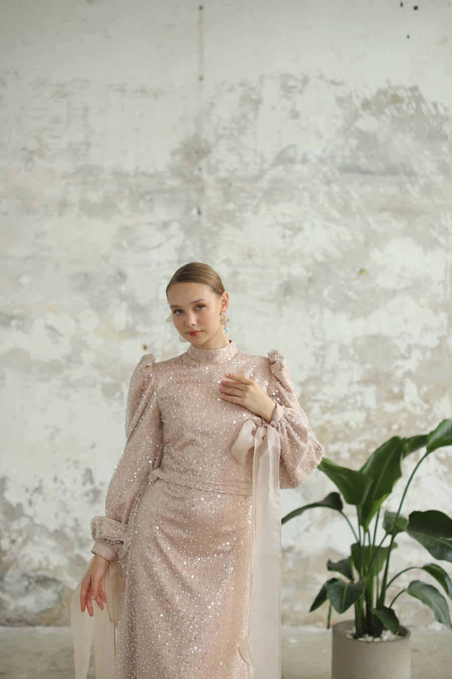 Bocuklu Manşet Kurdelalı Pudra Kalem Elbise