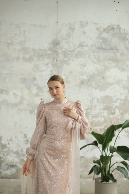 Bocuklu Manşet Kurdelalı Pudra Kalem Elbise