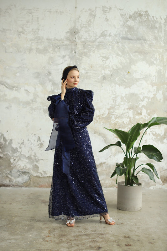 Bocuklu Manşet Kurdelalı Lacivert Kalem Elbise