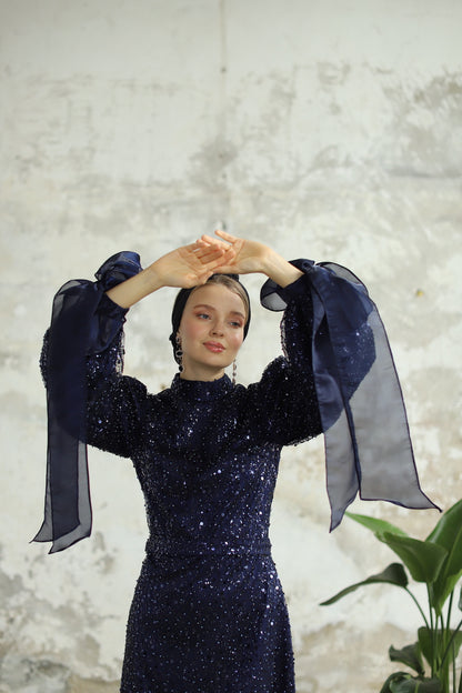 Bocuklu Manşet Kurdelalı Lacivert Kalem Elbise