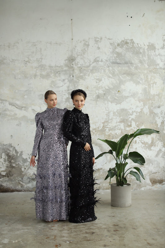 Eteği Tüy Detaylı Lila Kalem Elbise