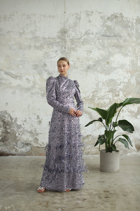 Eteği Tüy Detaylı Lila Kalem Elbise