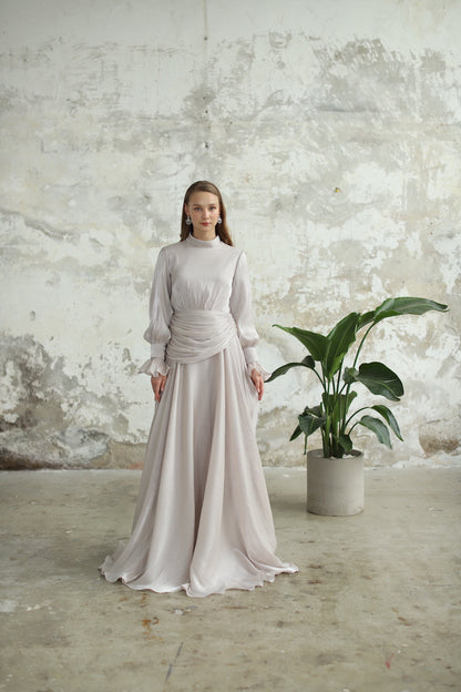 Bel Drape Detaylı Taş Rengi Elbise