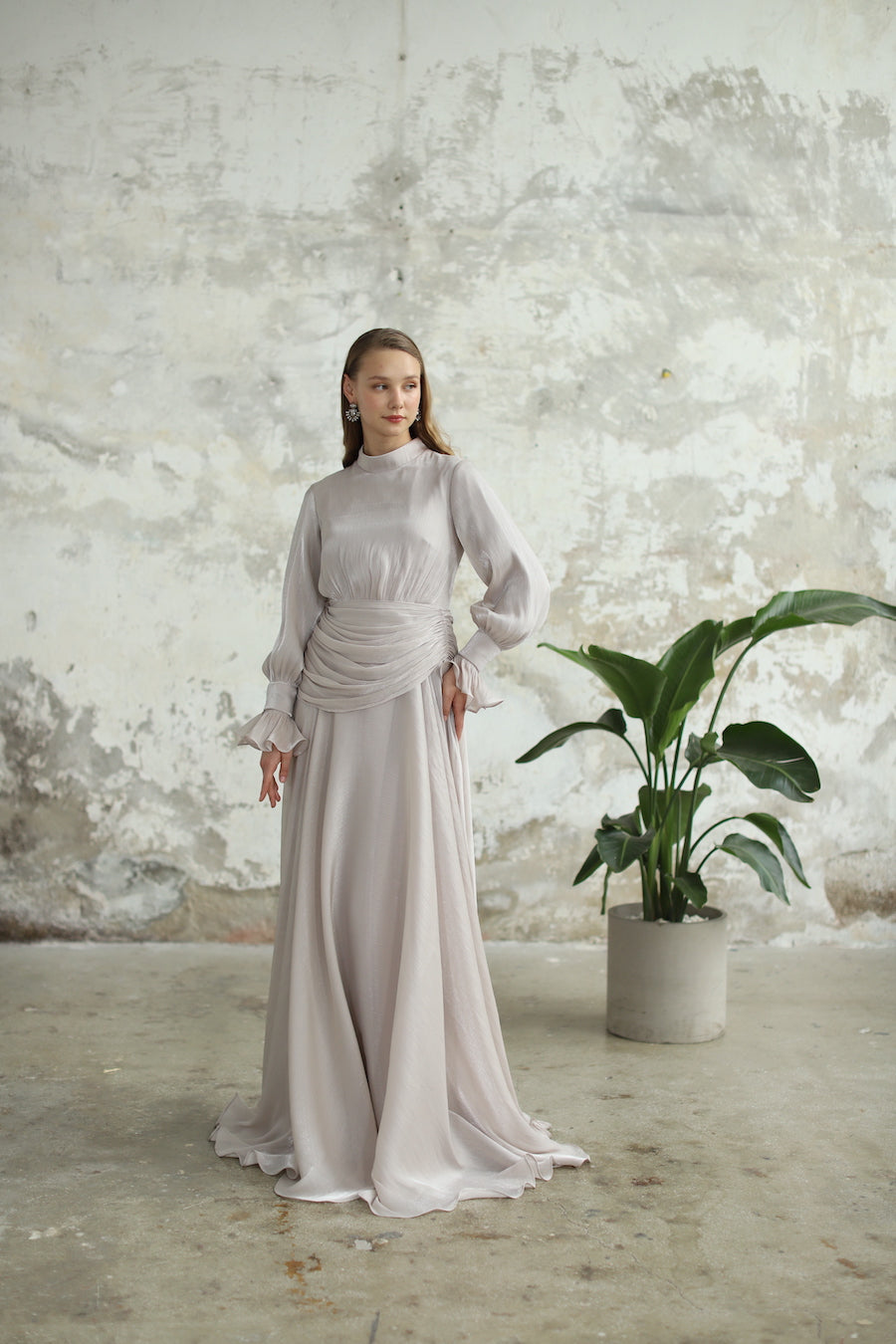 Bel Drape Detaylı Taş Rengi Elbise