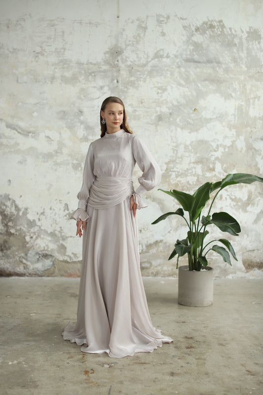 Bel Drape Detaylı Taş Rengi Elbise