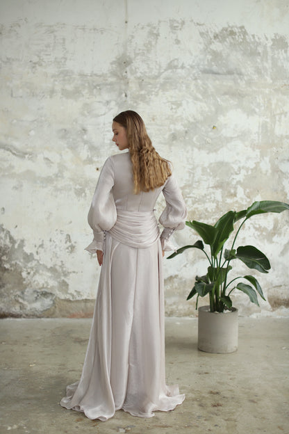 Bel Drape Detaylı Taş Rengi Elbise