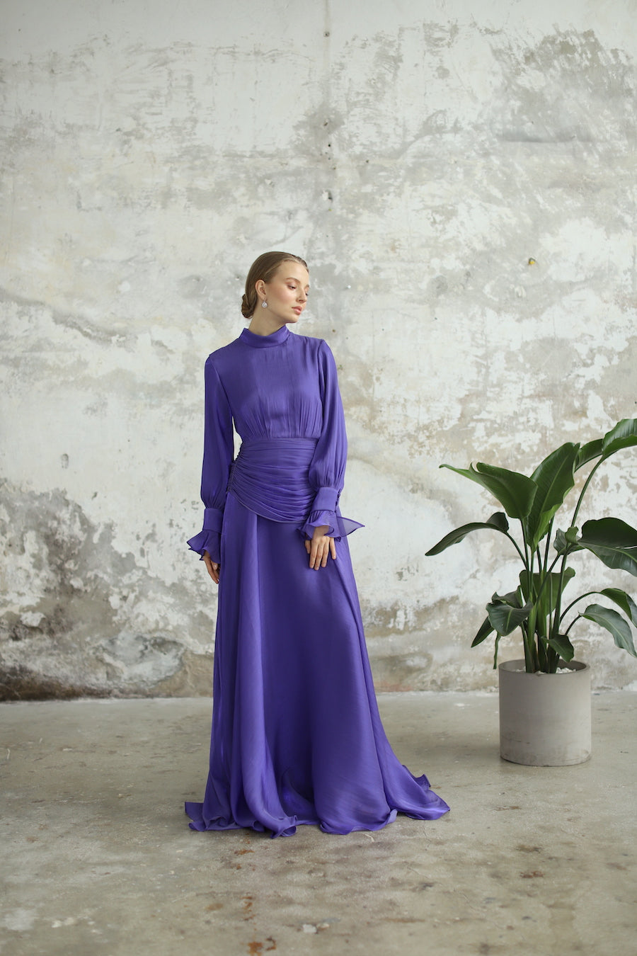 Bel Drape Detaylı Mor Elbise