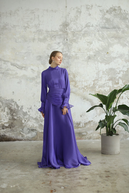 Bel Drape Detaylı Mor Elbise