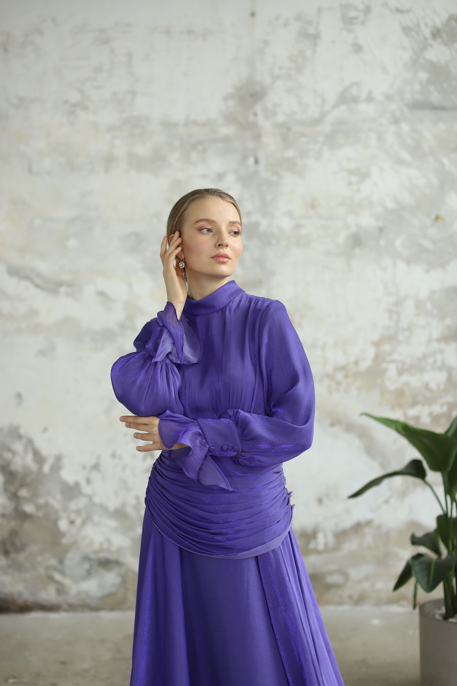 Bel Drape Detaylı Mor Elbise