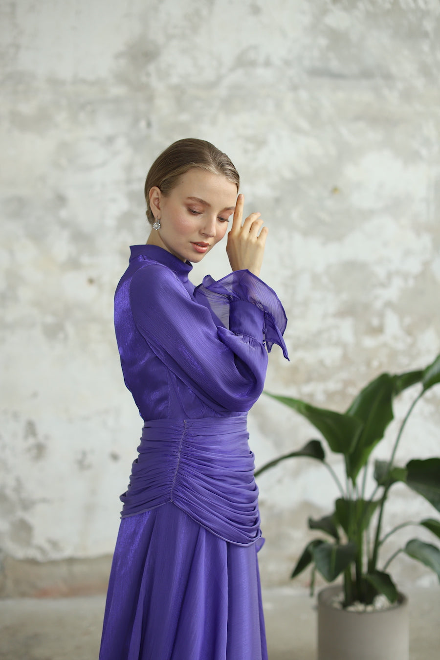 Bel Drape Detaylı Mor Elbise