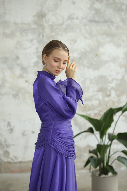 Bel Drape Detaylı Mor Elbise