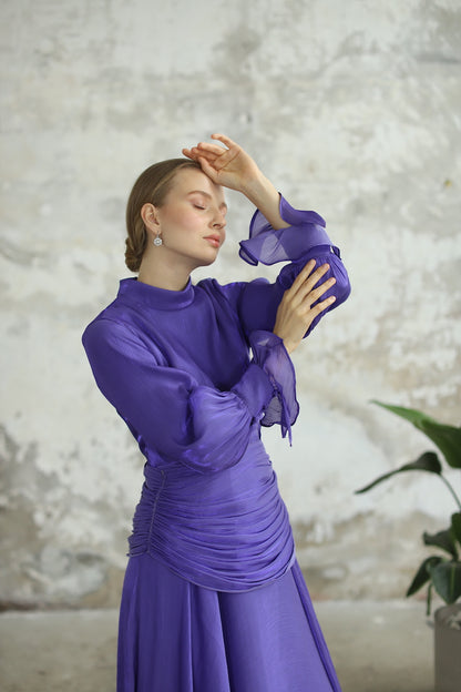 Bel Drape Detaylı Mor Elbise