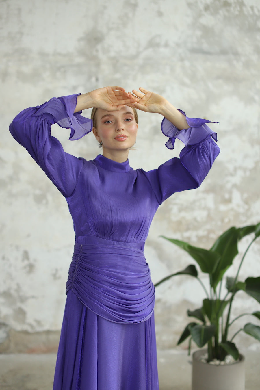 Bel Drape Detaylı Mor Elbise