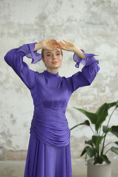 Bel Drape Detaylı Mor Elbise