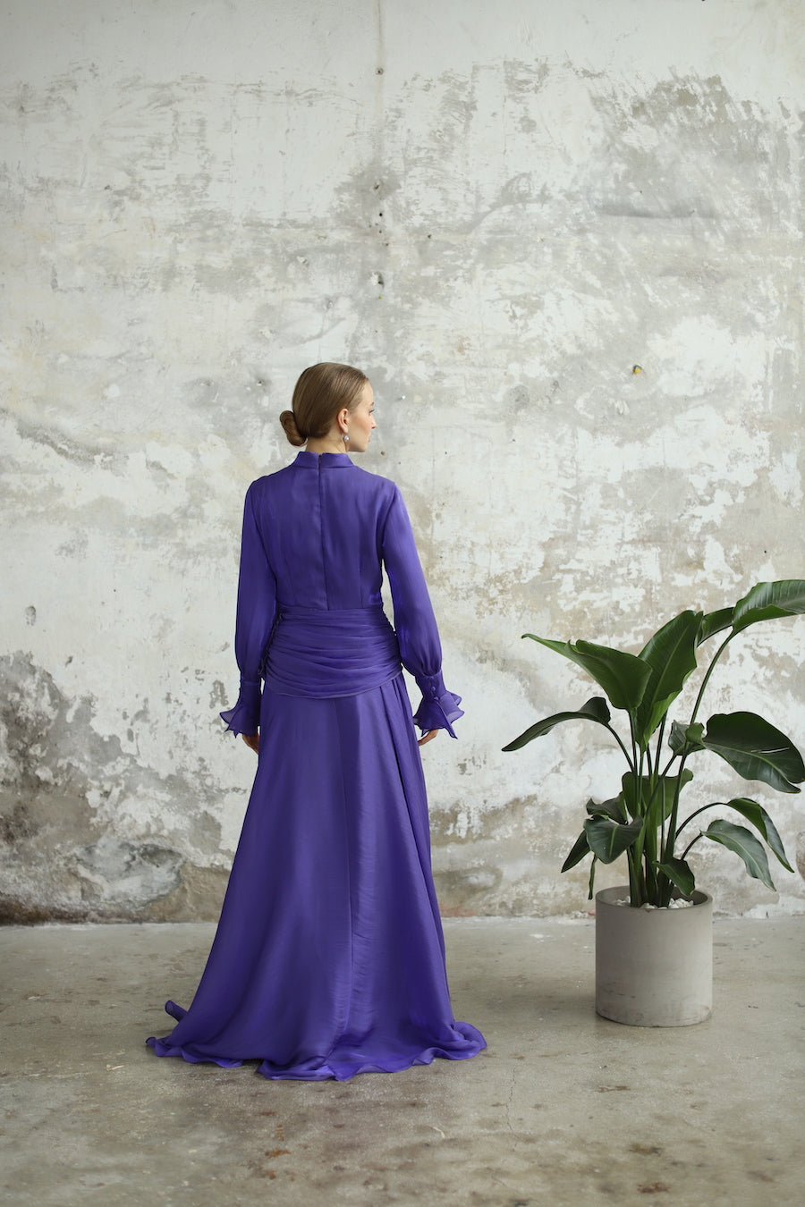 Bel Drape Detaylı Mor Elbise