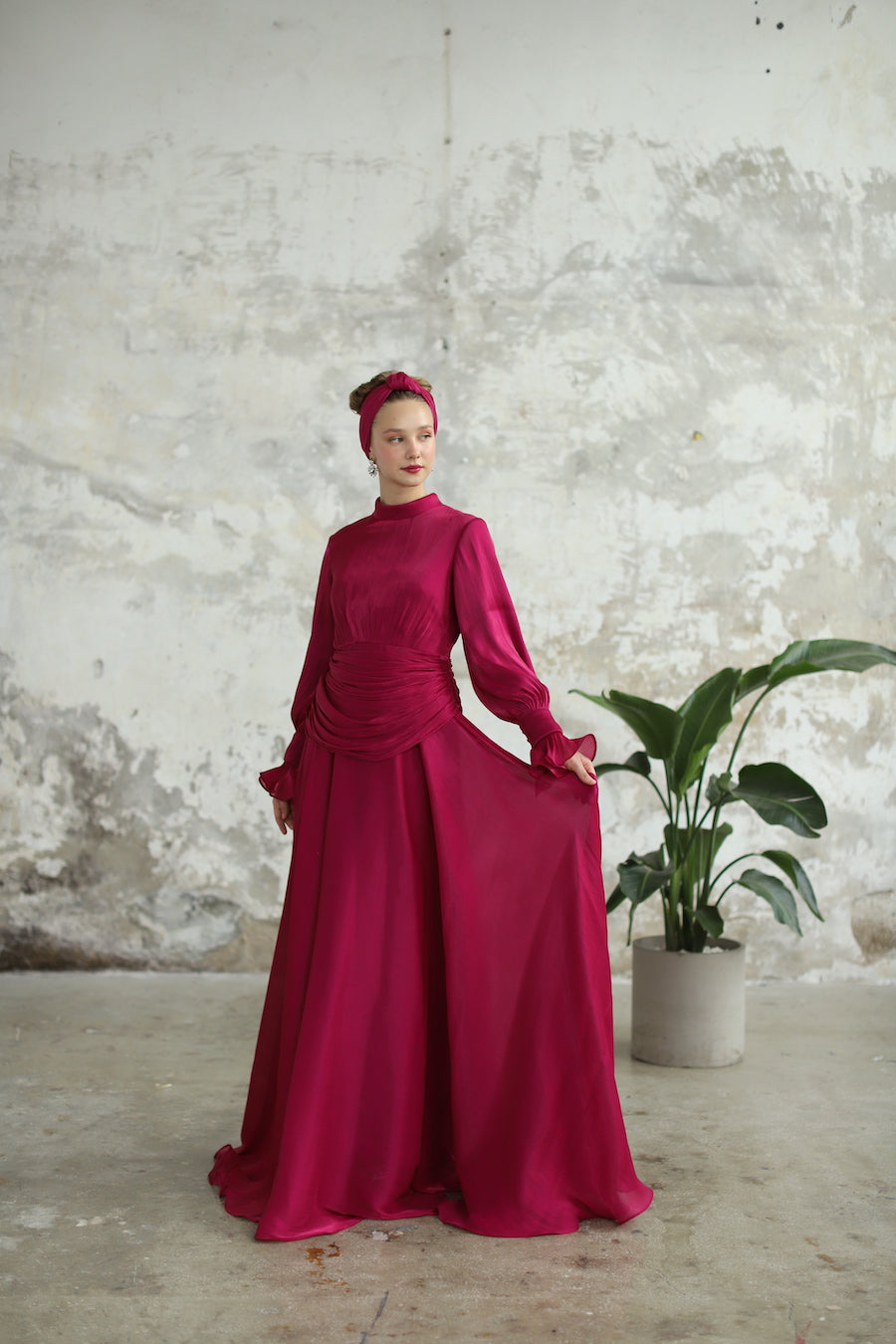 Bel Drape Detaylı Fuşya Elbise