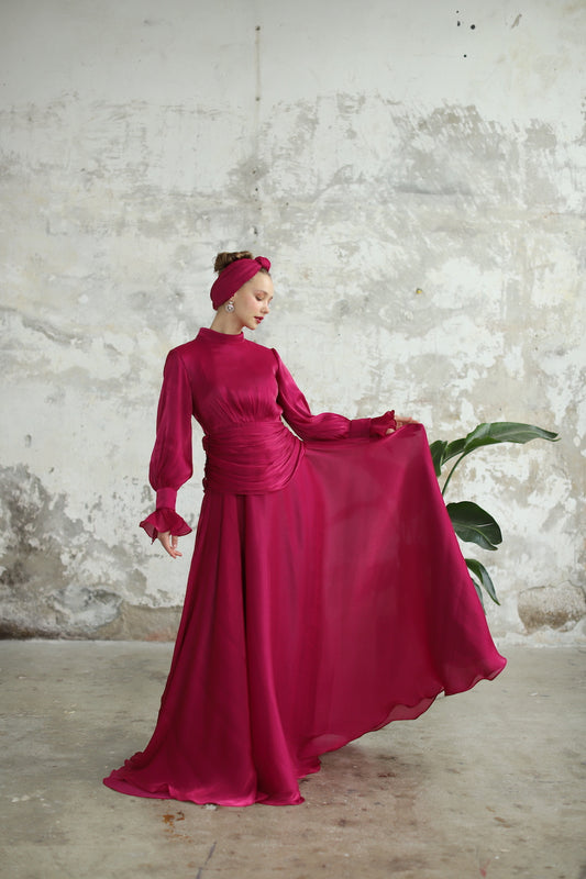 Bel Drape Detaylı Fuşya Elbise