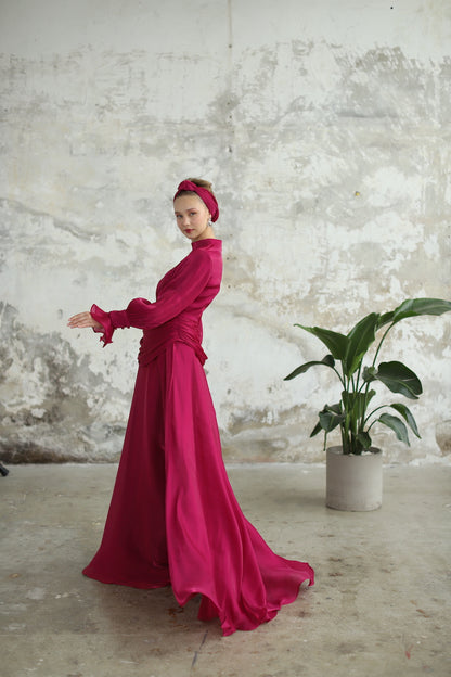 Bel Drape Detaylı Fuşya Elbise