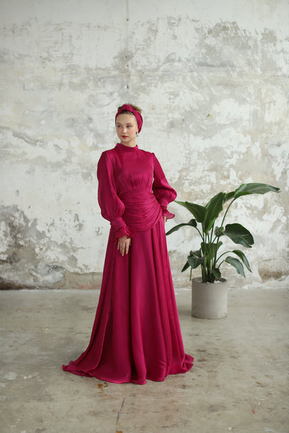 Bel Drape Detaylı Fuşya Elbise