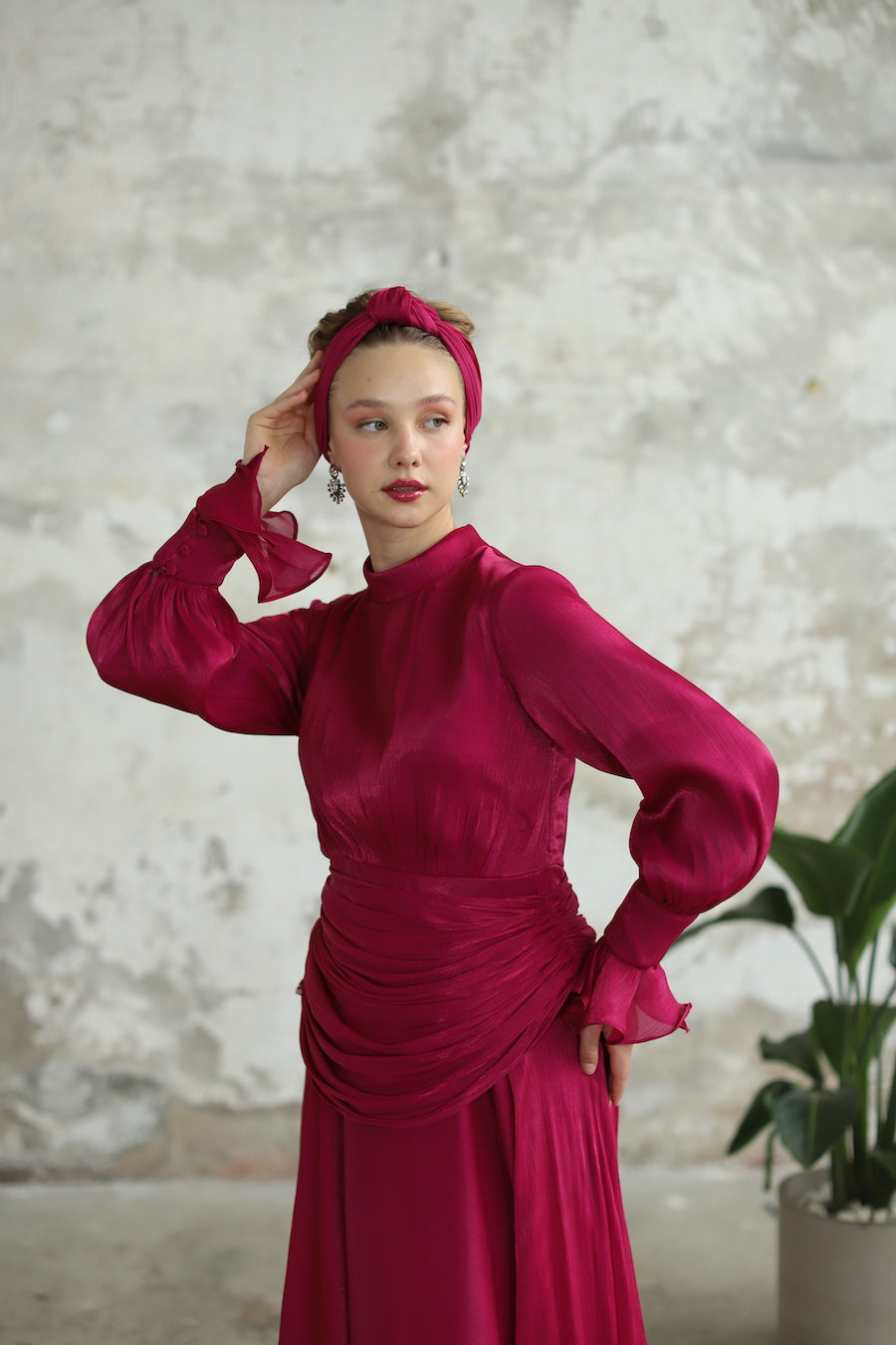 Bel Drape Detaylı Fuşya Elbise