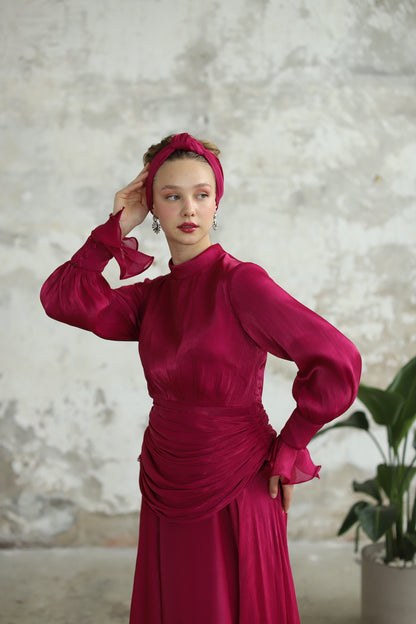 Bel Drape Detaylı Fuşya Elbise