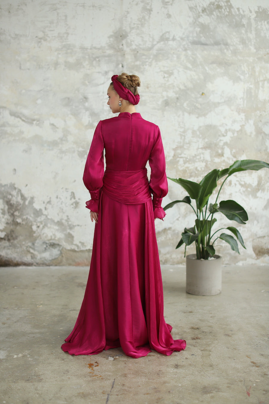 Bel Drape Detaylı Fuşya Elbise