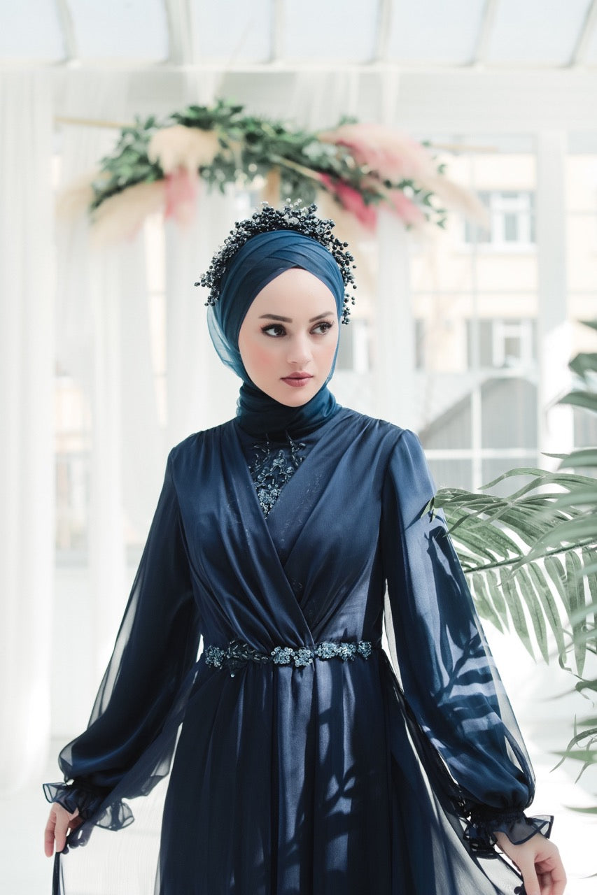 Navy Blue Oyster Hijab Evening Dress