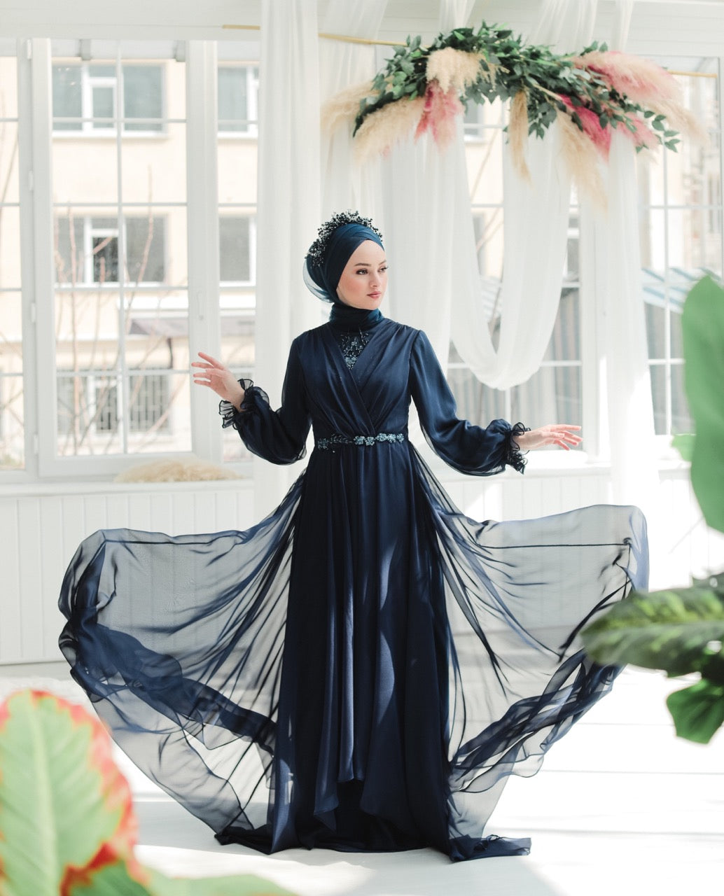 Navy Blue Oyster Hijab Evening Dress