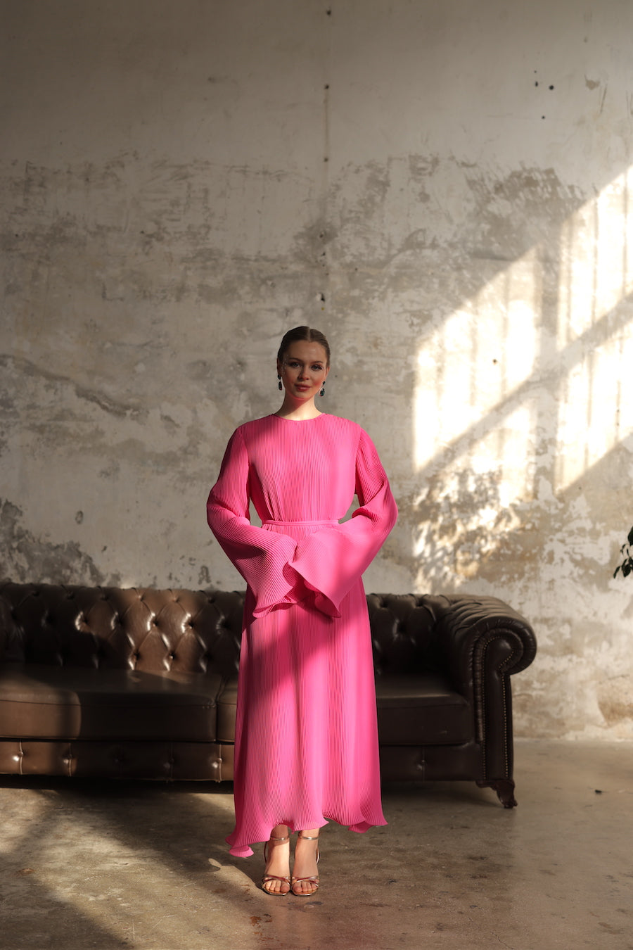 Piliseli Elbise Fuşya