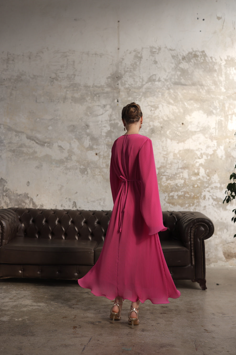 Piliseli Elbise Fuşya