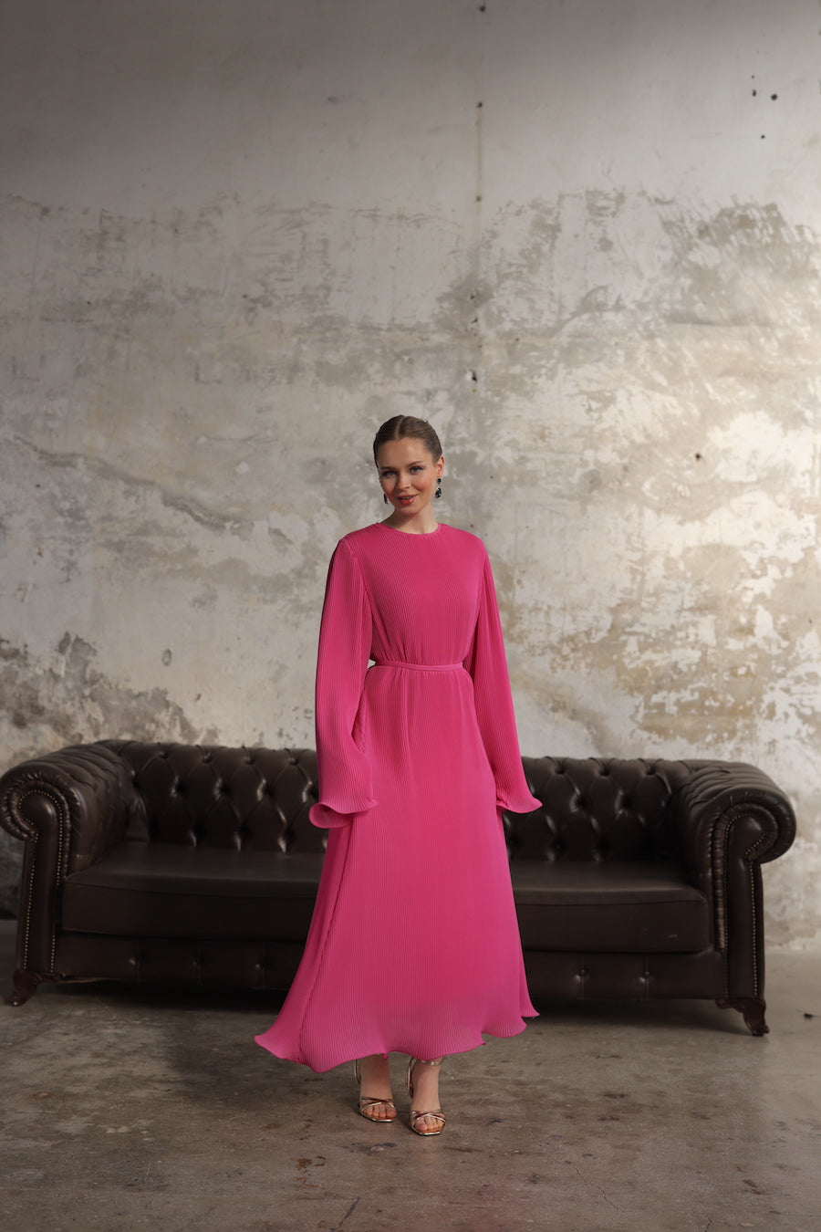 Piliseli Elbise Fuşya