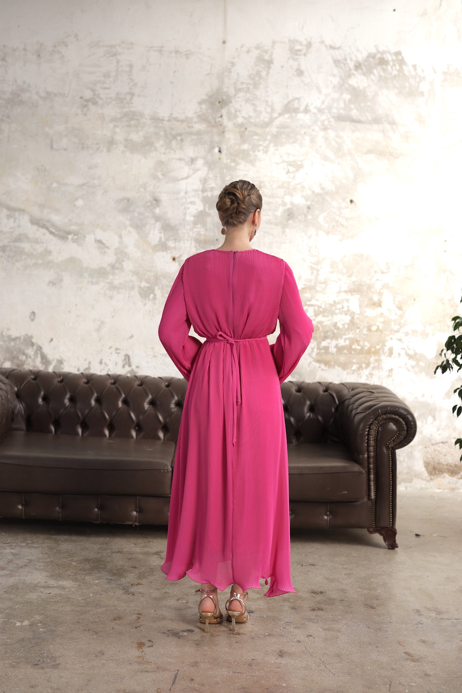 Piliseli Elbise Fuşya