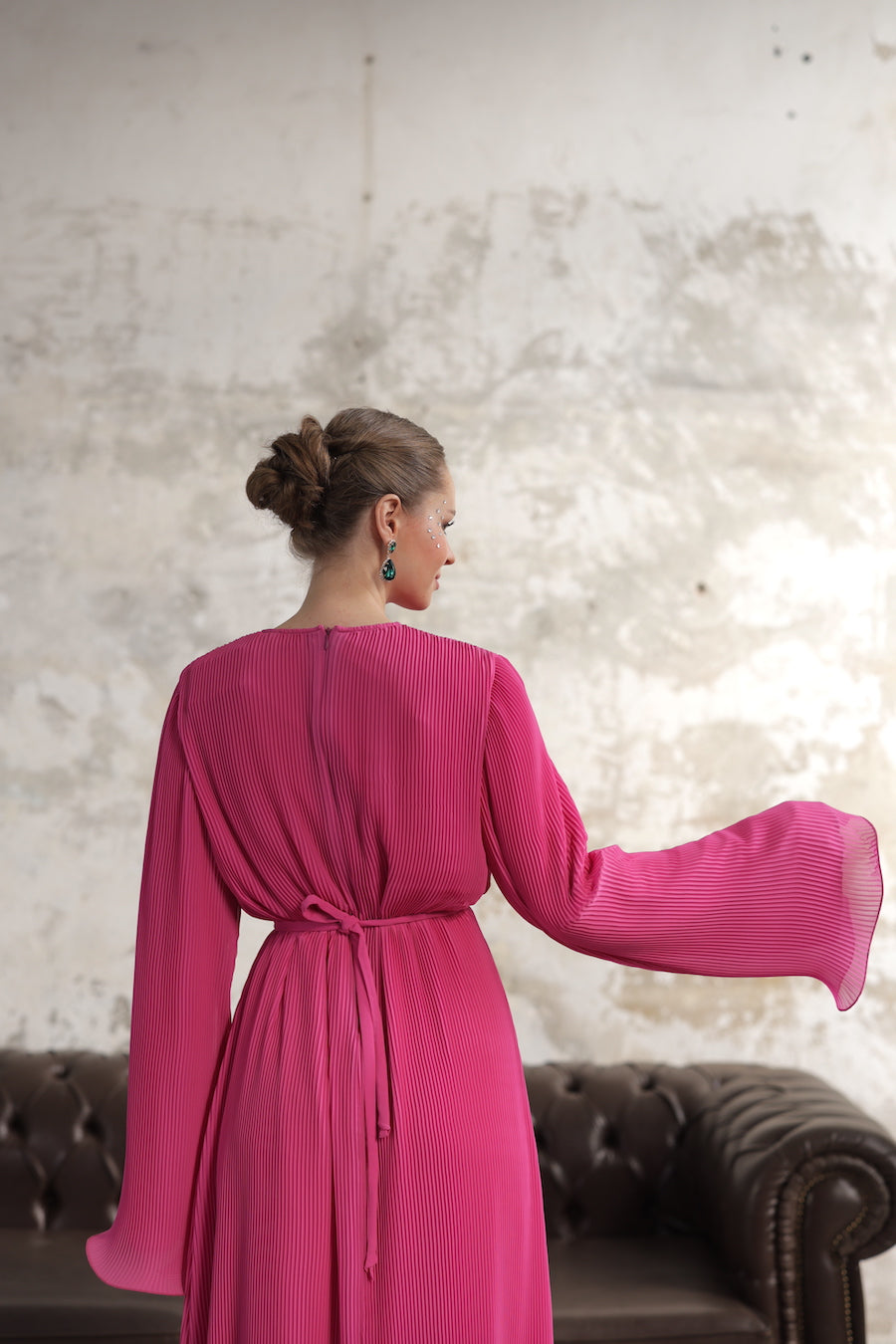 Piliseli Elbise Fuşya