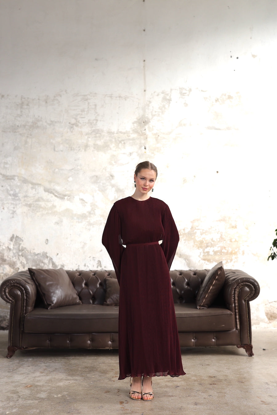 Piliseli Elbise Bordo