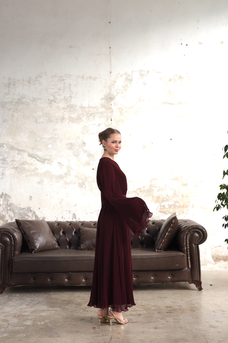 Piliseli Elbise Bordo