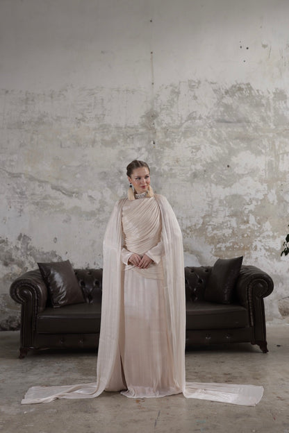 Çıkarılabilir Şal Detaylı Taş İşlemeli Elbise Bej 20261