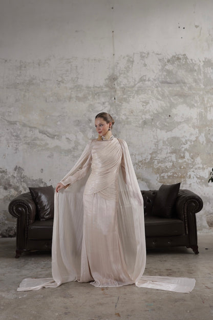 Çıkarılabilir Şal Detaylı Taş İşlemeli Elbise Bej 20261