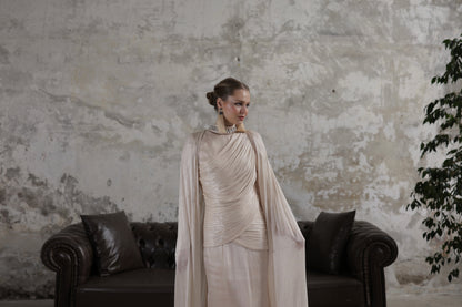 Çıkarılabilir Şal Detaylı Taş İşlemeli Elbise Bej 20261