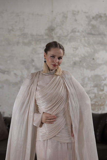 Çıkarılabilir Şal Detaylı Taş İşlemeli Elbise Bej 20261