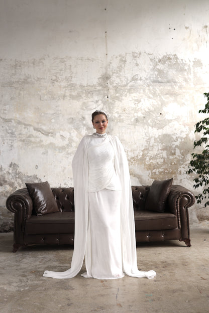 Çıkarılabilir Şal Detaylı Taş İşlemeli Elbise Ekru 20261