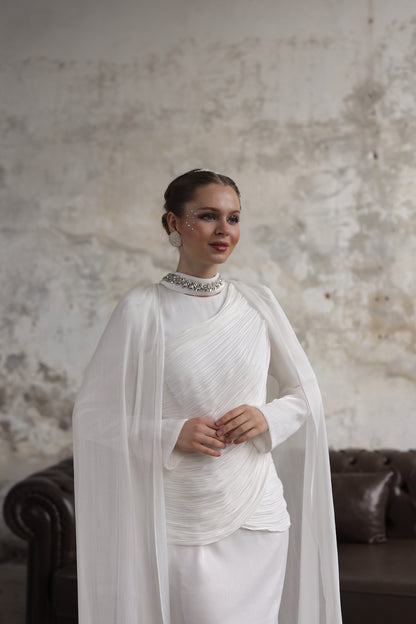 Çıkarılabilir Şal Detaylı Taş İşlemeli Elbise Ekru 20261